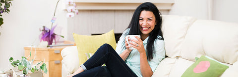 Smiling Woman with Cup of Coffee - Strong Cell, Liquid NADH, CoQ10, Collagen for Cellular Health